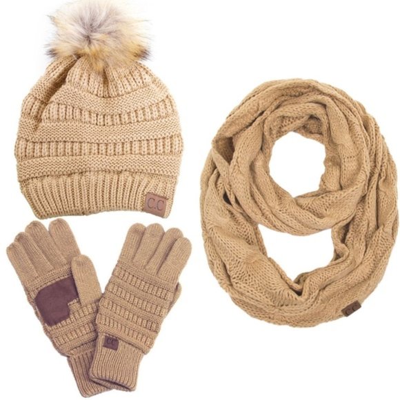 C.C 3pc Knit Warm Pom Beanie Gloves Scarves Set main image 6